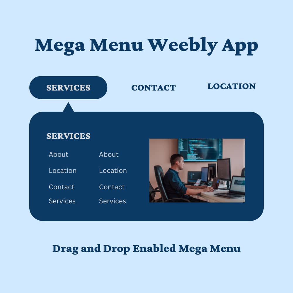 Weebly Mega Menu app &mdash; drag and drop enabled mega navigation panel displayed on a Weebly website with custom content elements