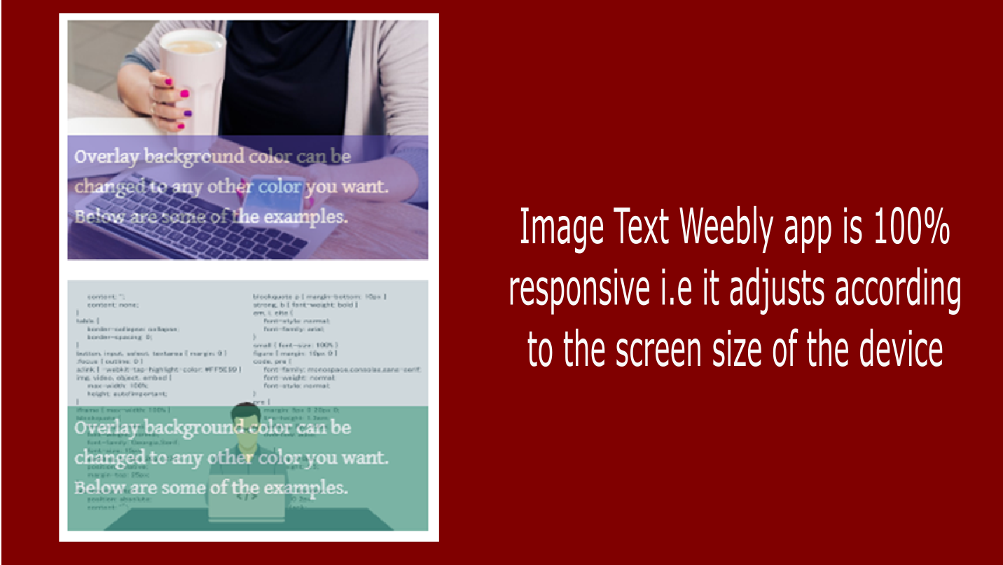 Weebly Image Text app &mdash; transparent coloured overlay band showing text description positioned at the bottom of a Weebly image