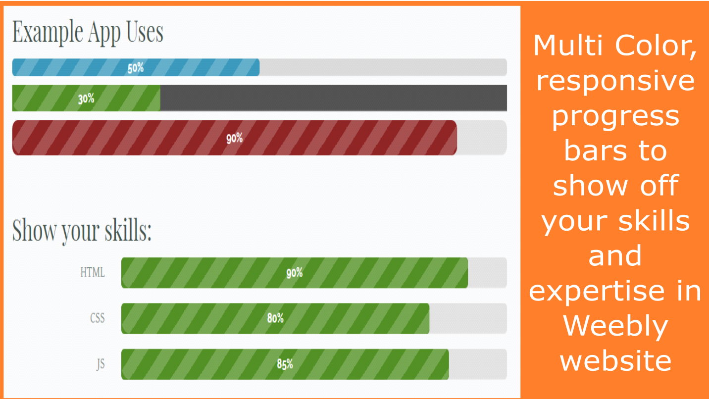 Weebly Progress Bar &mdash; skill bars at multiple percentages with different colour settings on a Weebly page