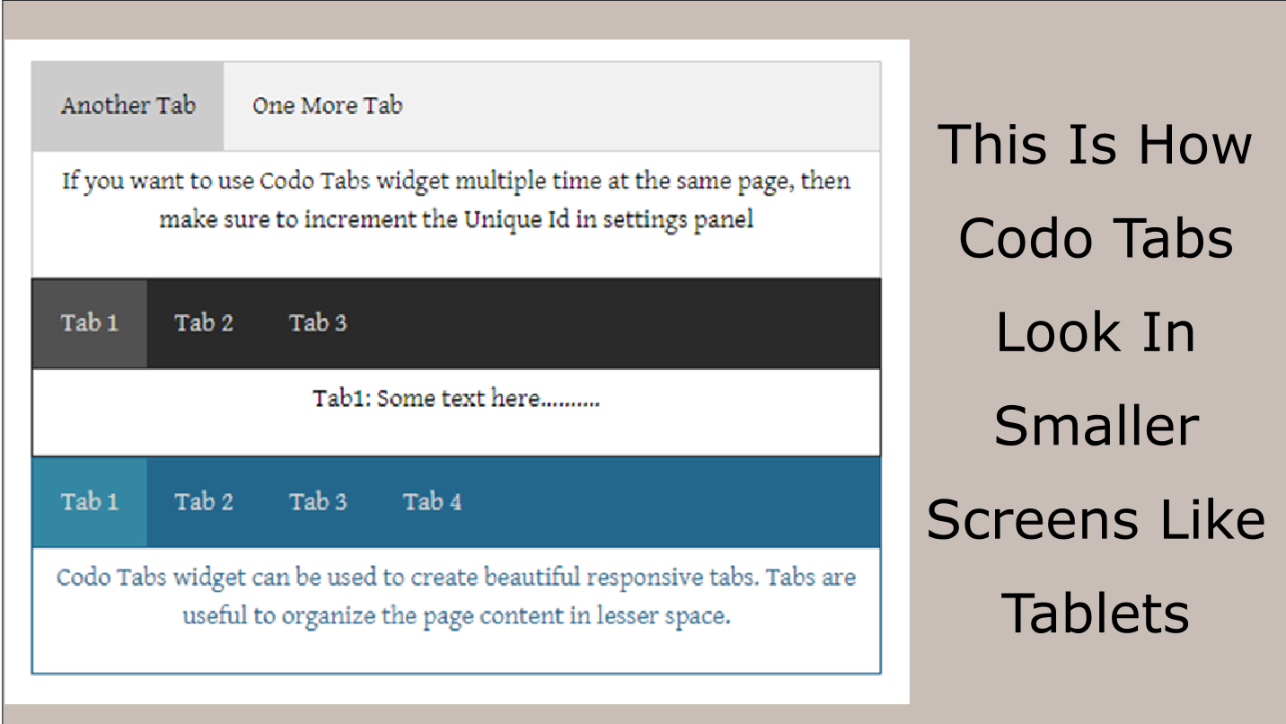 Codo Tabs &mdash; styled tab section showing custom background colour, border colour, and tab content with Weebly elements