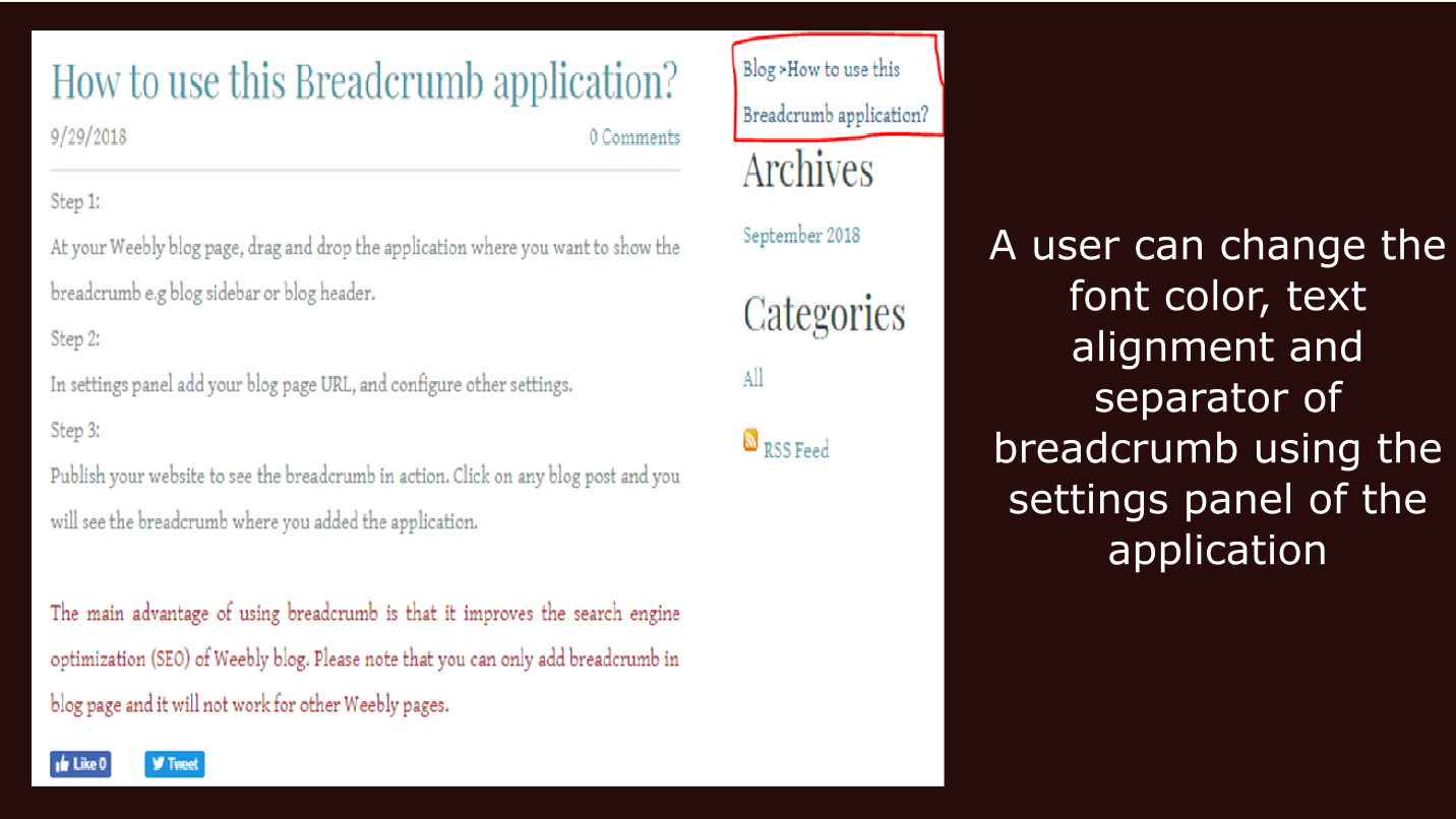 Weebly Breadcrumb in use &mdash; Blog breadcrumb trail with custom separator and alignment on a styled blog layout