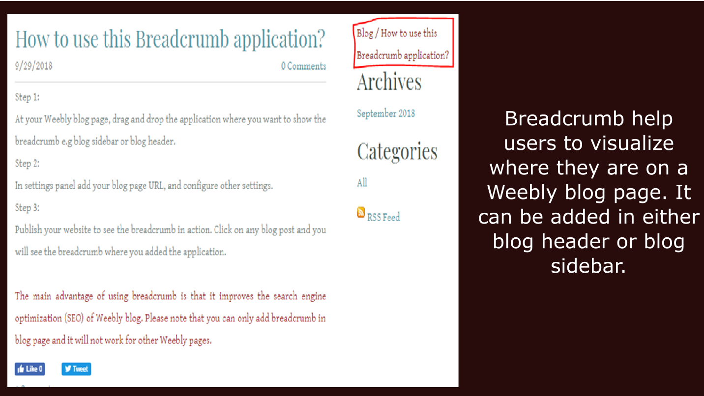 Weebly Breadcrumb settings panel &mdash; font colour, text alignment and separator customisation options