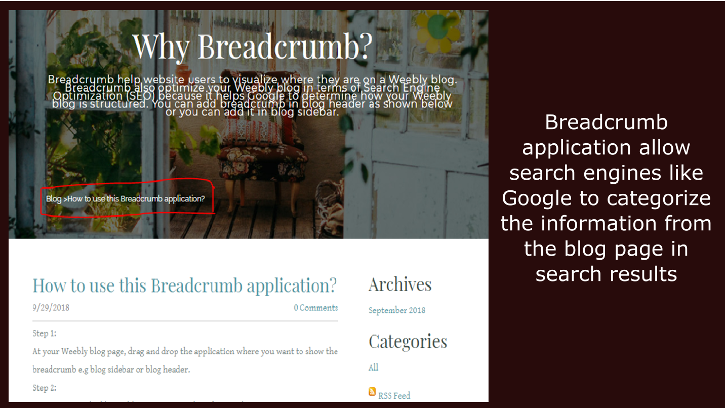 Weebly Breadcrumb app &mdash; breadcrumb trail displayed on a Weebly blog post page
